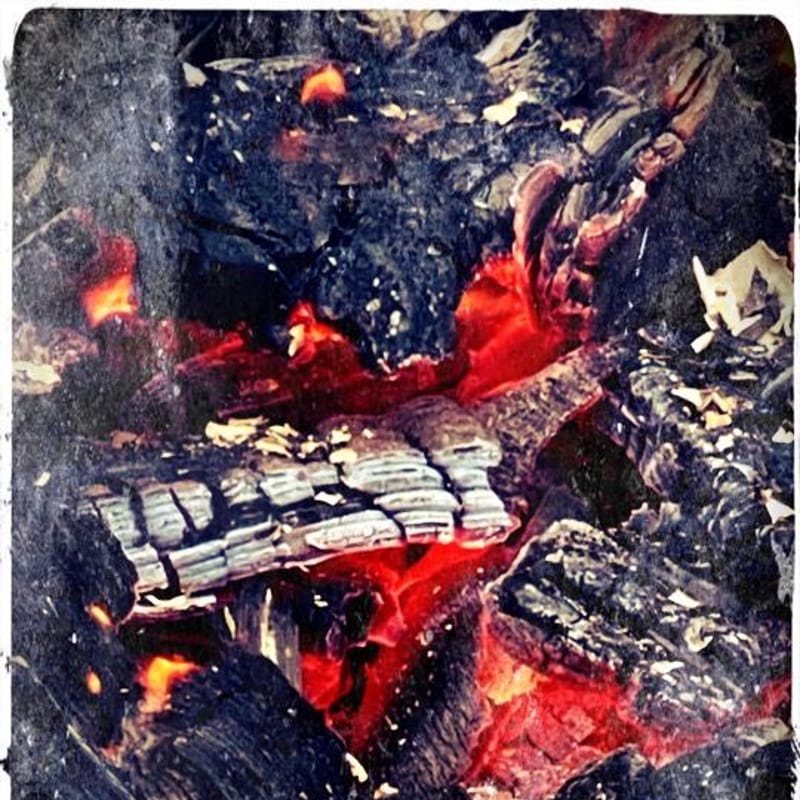 Glowing red embers and charred wood coals in a dying campfire