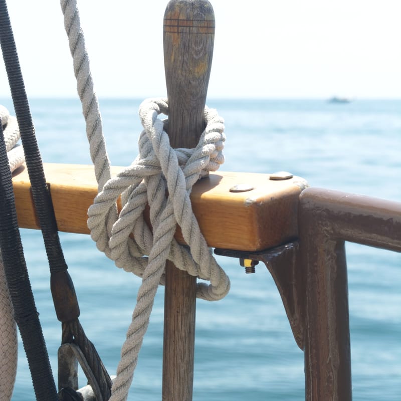 Rope hitched around a wooden cleat on a boat rail, sparkling blue water in the background